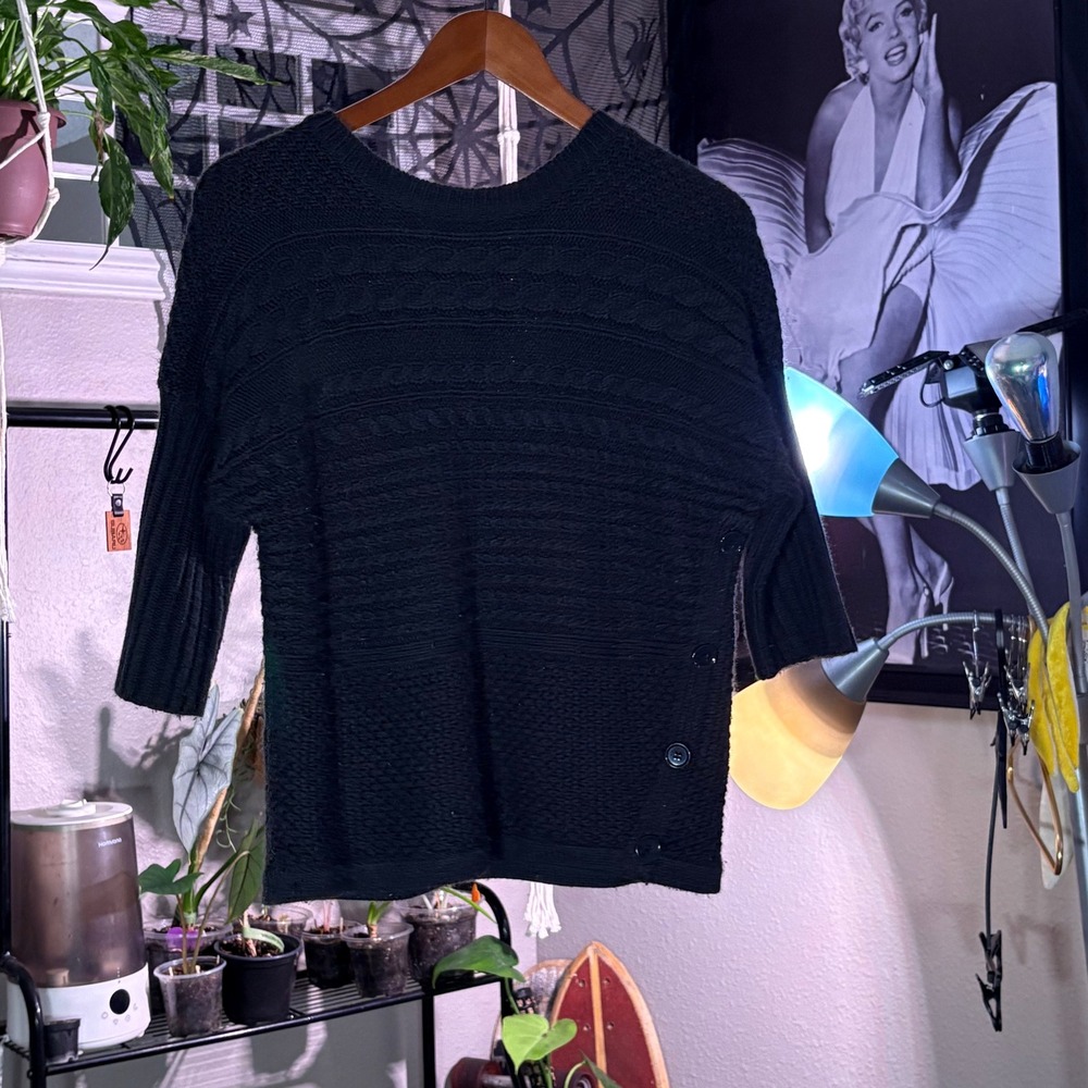 Chic Black Textured Cable Knit Sweater 3/4 Sleeve Side Button Detail